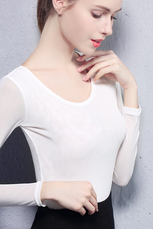 Trang Phục Nữ Mẫu Mới Mùa Thu Áo Phông Mặc Trong Voan Lưới Tay Dài Cổ Tròn Thấp Áo Ren Một Lớp Màu Trơn Ôm Dáng Nữ