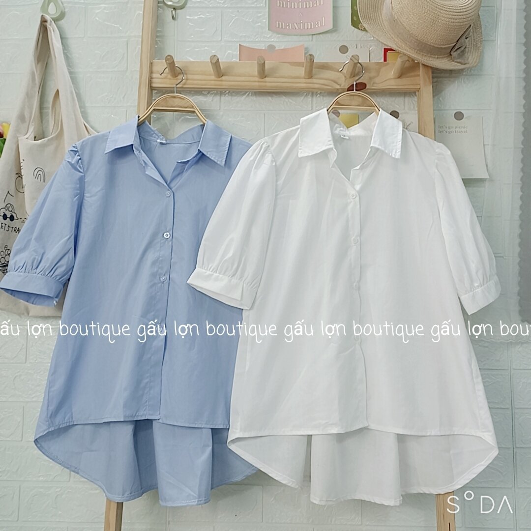 áo sơ mi cộc đuôi tôm xếp li lưng hàn quốc