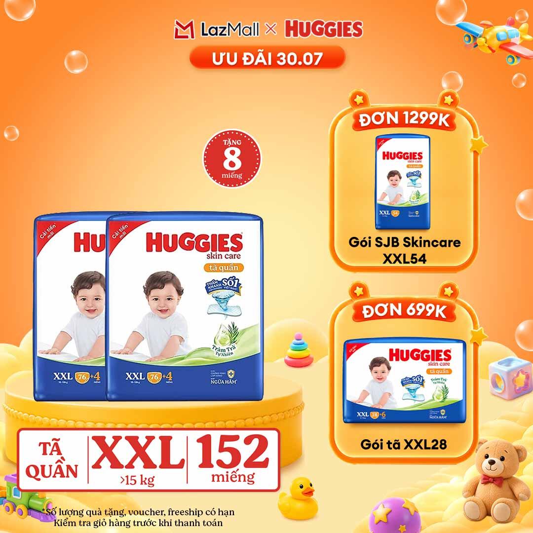 [CHỈ 21-7 GIẢM THÊM 90K]  Combo 2 Gói Tã/bỉm quần HUGGIES SKINCARE MEGA JUMBO size XXL76+4 miếng