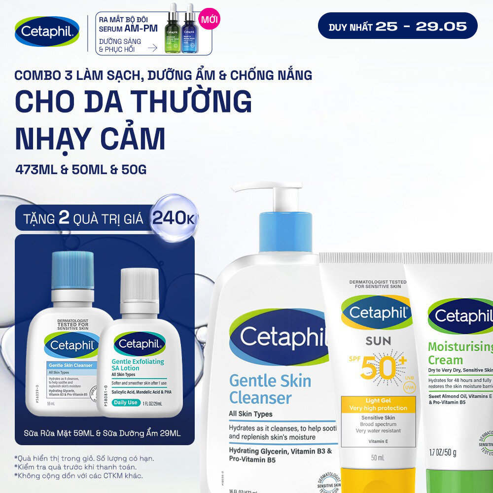 Combo 3 Bước Cetaphil Chăm Da Dịu Lành: Sữa rửa mặt 500ML + Kem dưỡng ẩm 50G + Gel chống nắng SPF50+