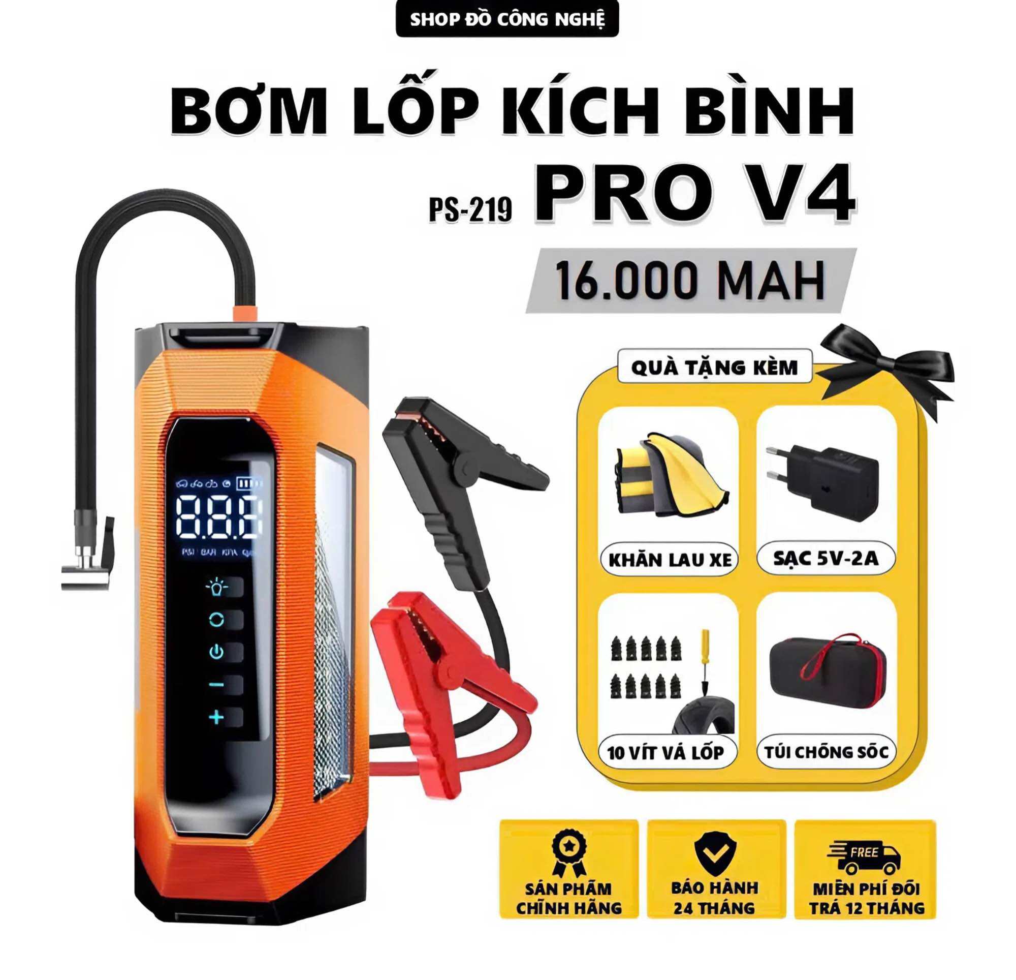 [PRO V4 16000MAH] Kích Bình Kèm Bơm Lốp Xe Ô Tô 12V 4IN1 Tích Hợp Đèn Pin, Sạc Dự Phòng. Bảo Hành 24 tháng