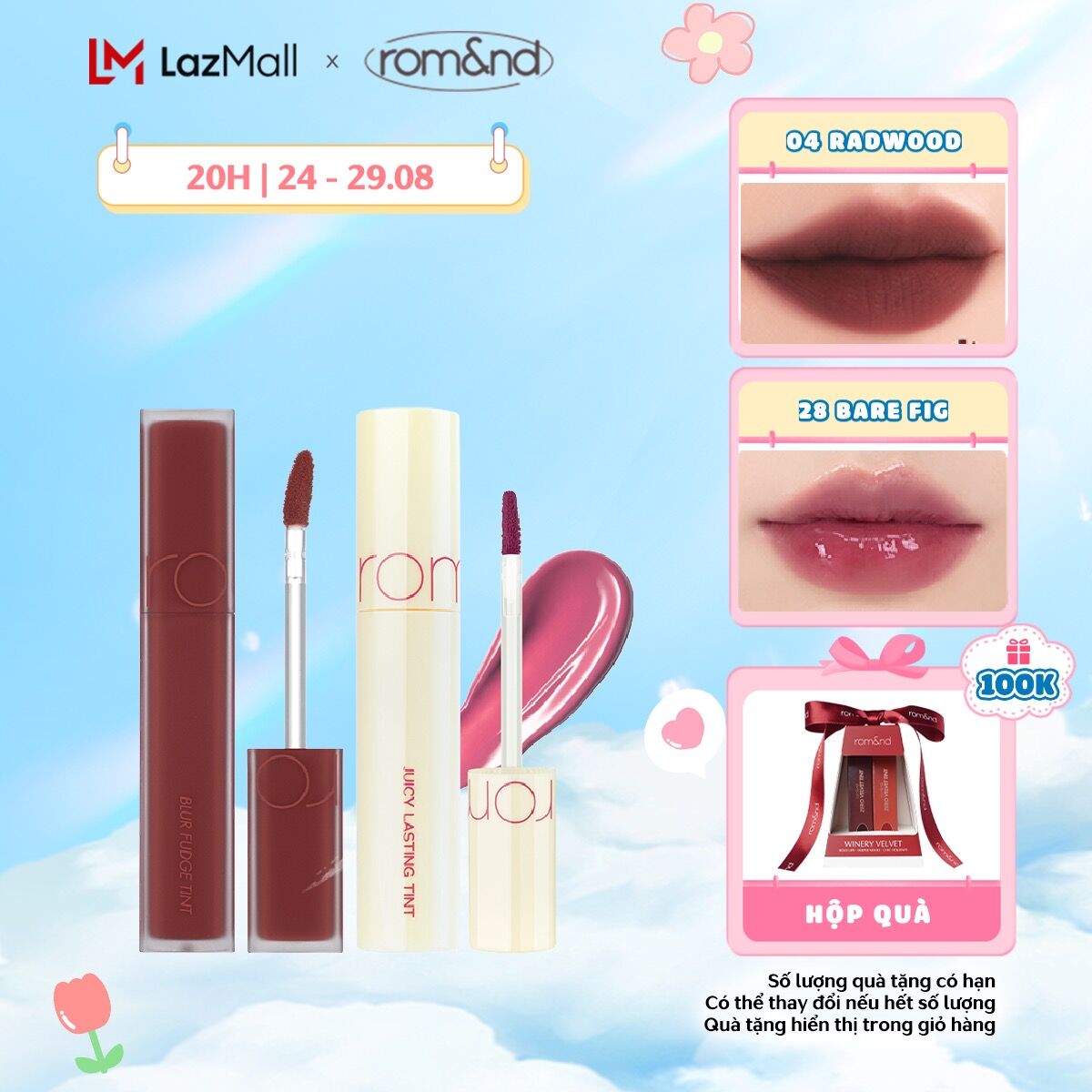 Combo Son kem siêu lì Romand Blur Fudge Tint 5g + Son tint bóng, siêu lì Romand Romand Juicy Lasting Tint 5.5g