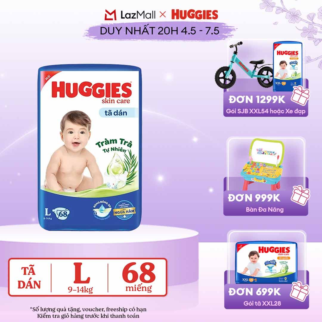 [CHỈ 20h 04-07.05 GIẢM THÊM 90K]  Tã dán Huggies Skincare Super Jumbo L68