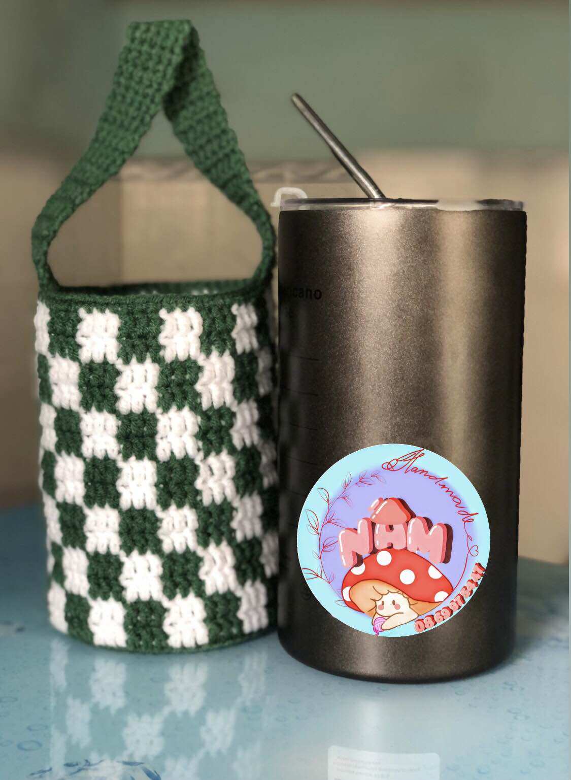 Túi đựng ly giữ nhiệt caro handmade
