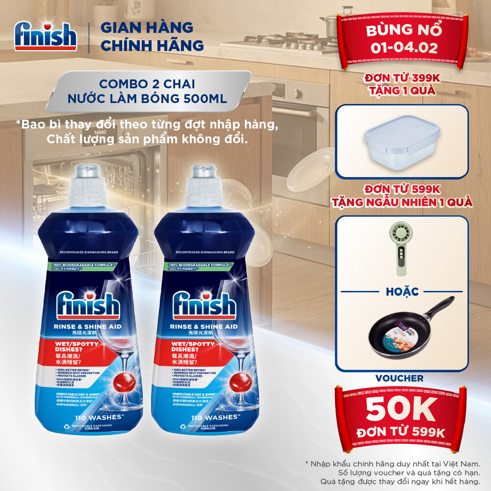 Combo 2 Nước Làm Bóng Chén Bát  Finish Rinse & Shine Aid - chai 500ML