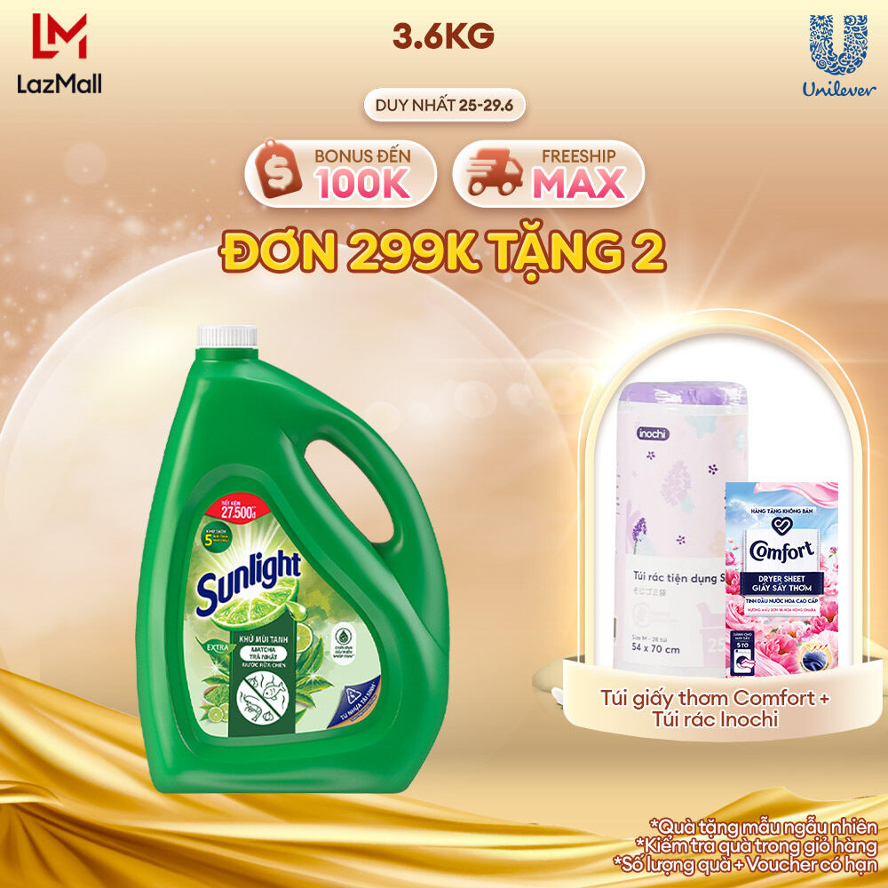 Nước rửa chén Sunlight Khử mùi tanh Matcha Trà Nhật 100% Gốc thực vật Chai 3.4kg