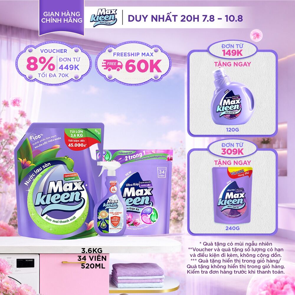 Combo Túi lau sàn MaxKleen hương Ban mai thanh mát 3.6kg + Túi viên hương Huyền Diệu 34 viên + Chai nước lau bề mặt đa năng