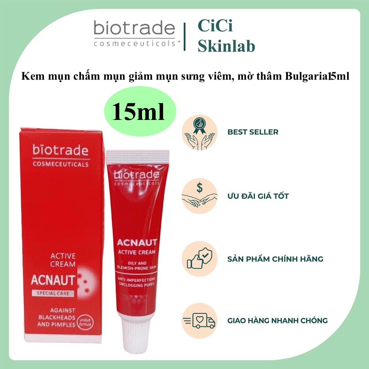 Kem mụn Biotrade chấm mụn giảm mụn sưng viêm, mờ thâm Bulgaria 15ml