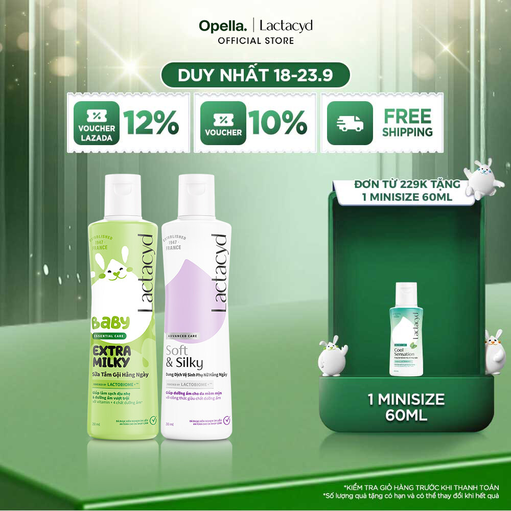 Bộ Dung Dịch Vệ Sinh Phụ Nữ Lactacyd Soft  Silky Dưỡng Ẩm 250ml + Sữa Tắm Gội Trẻ em Lactacyd Baby Extra Milky 250ml