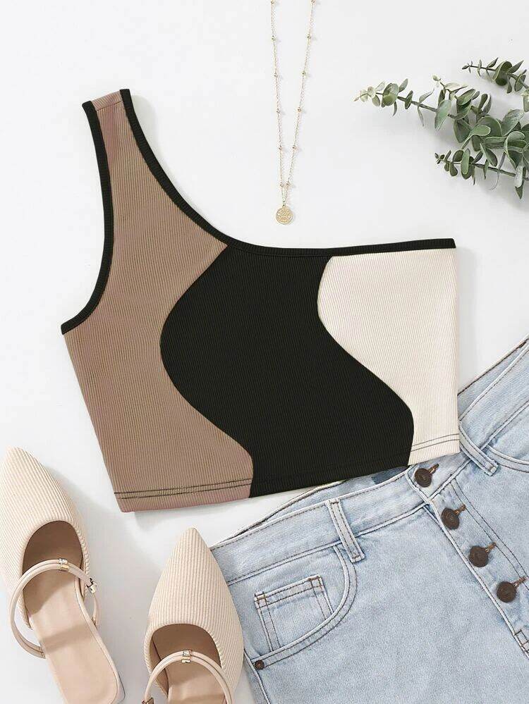 Áo croptop ĐEN lệch vai phối 3 màu (081210)