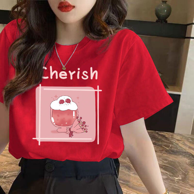 Mùa Hè 2023 Nữ Áo Thun Ngắn Tay Rộng Rãi Fit In Hình Trắng Phong Cách Cơ Bản Thoải Mái Cổ Tròn Áo Polyester Spandex Pha Trộn