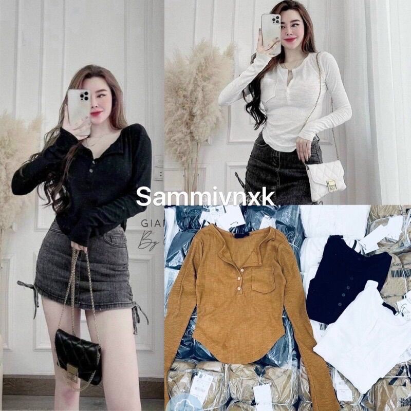 Áo len tăm cúc túi ngực🌸Áo len cúc dài tay nữ 🌸Hàng chuẩn🌸free ship