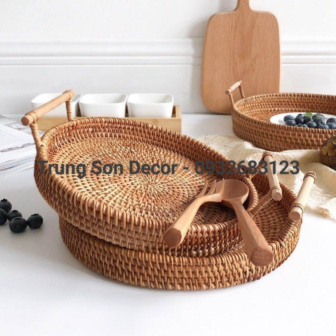 Khay mây tre đan có tay cầm gỗ