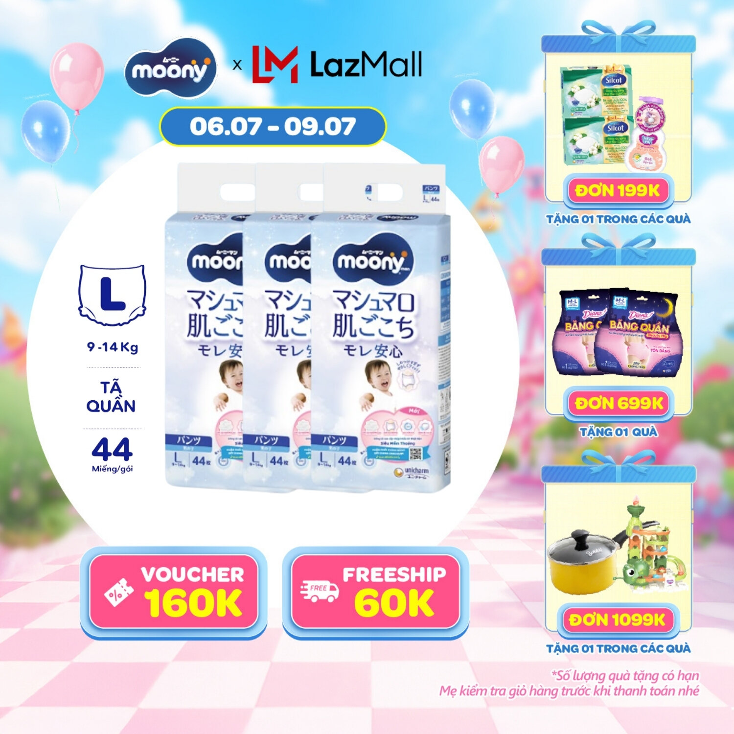 [SALE CUỐI THÁNG QUÀ SLCH] Combo 3 tã quần cao cấp Moony Bé Trai L44 miếng - Nhập khẩu từ Nhật Bản