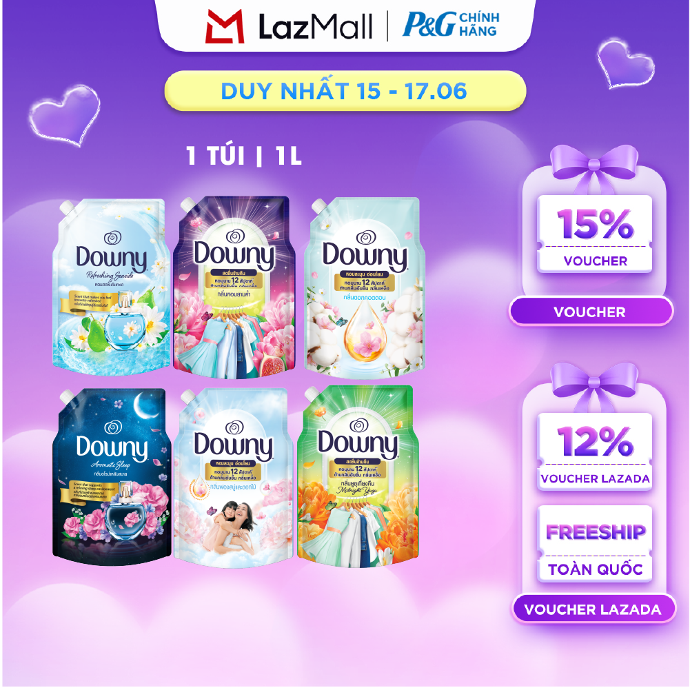 Nước Xả Vải Đậm Đặc DOWNY Hoa Đêm/ Bờ Biển Tươi Mát/ Giấc Ngủ Thư Thái/ Tinh Khôi/ Đam Mê/ Nắng Mai/ Bung Tỏa Hạnh Phúc/ Cotton Thuần Khiết Túi 1L