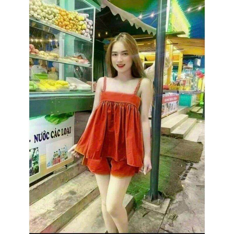 Đồ bộ ngủ nữ 2 dây mặc nhà chất lụa mềm mát - m08