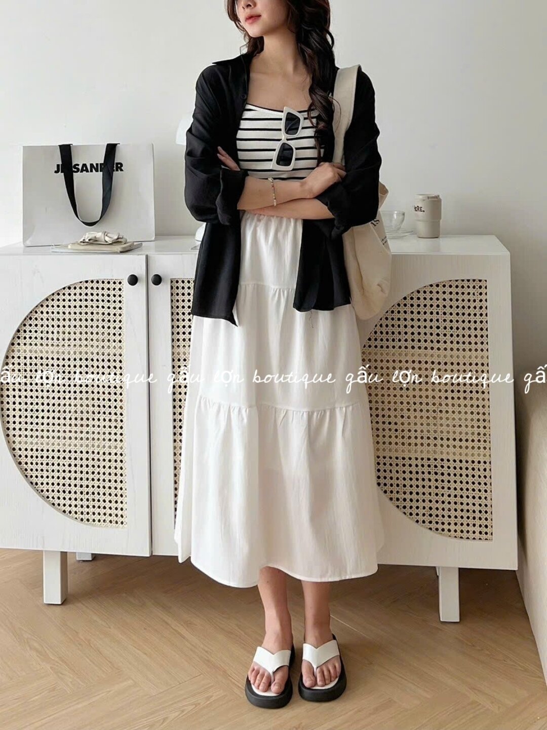 chân váy midi 3 tầng chất thô 2lớp hàn quốc