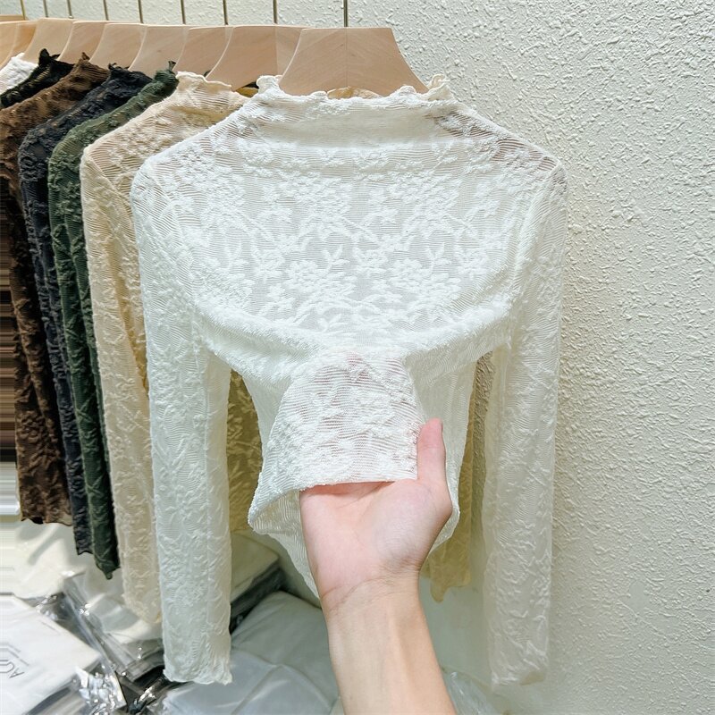 Áo Sơ Mi Ren Cổ Cao Tay Dài Ôm Vừa Vặn Thời Trang Xuân Thu Đông Lưới Khoét Lỗ Nhỏ Bên Trong Áo Dài T