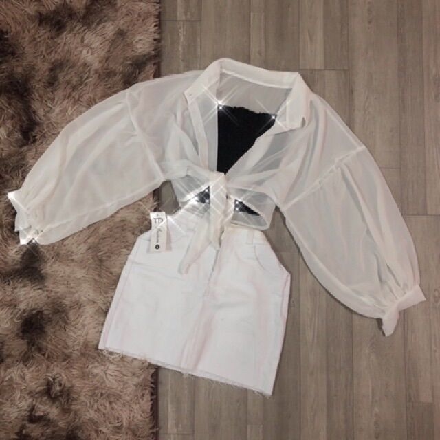 Áo sơ mi voan croptop mỏng cột eo