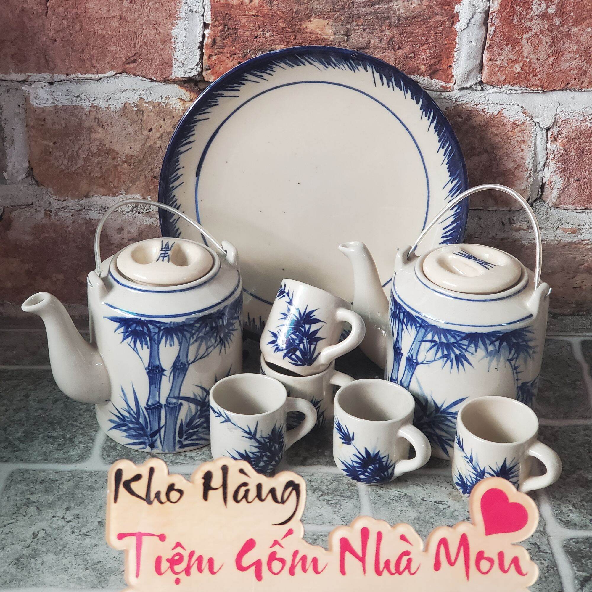 [Freeship MAX]BỘ BÌNH TRÀ LÁ TRÚC GỐM NUNG THỦ CÔNG CAO CẤP (7 món bình 1L)