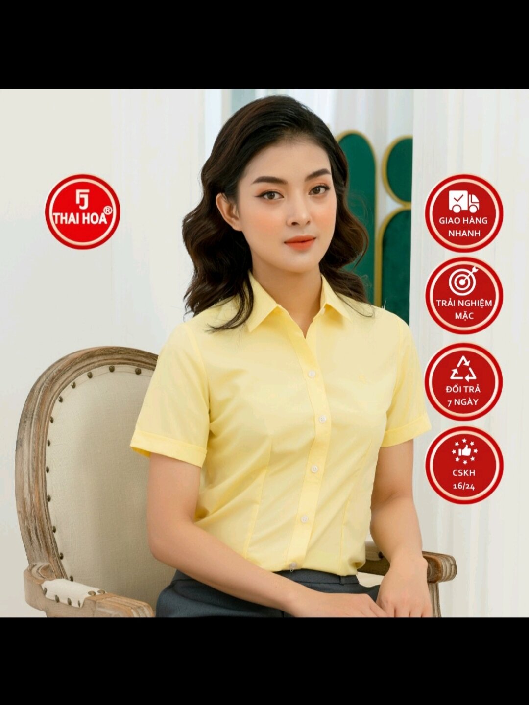 áo sơ mi nữ Thái Hòa màu vàng trơn chất kate