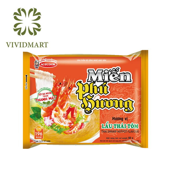 [1 PACKAGE] - ACECOOK - PHU HUONG INSTANT VERMICELLI NOODLE 5 FLAVORS: MINCED MEAT FLAVOUR, BAMBOO COOKED WITH MEAT FLAVOUR, SPARERIBS FLAVOUR, THAI SHRIMP HOTPOT FLAVOUR, CHICKEN FLAVOUR (53G - 60G/PACKAGE)