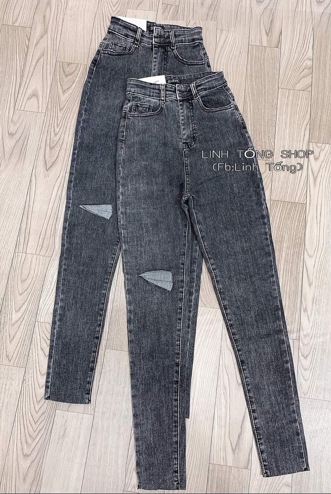 Jeans dài lưng cao co giãn rách l