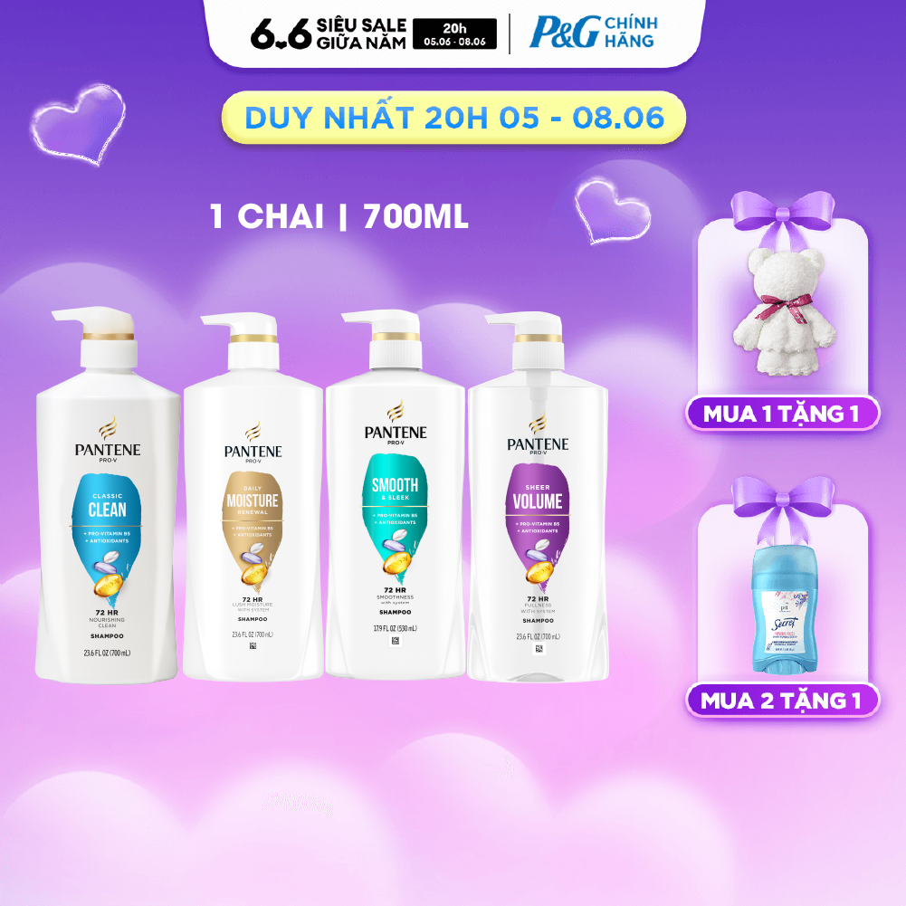 Dầu Gội PANTENE Nhập Khẩu Mỹ Hương Moisture Renewal/ Sheer Volume/ Smooth  Sleek/ Classic Clean Chai 700ML