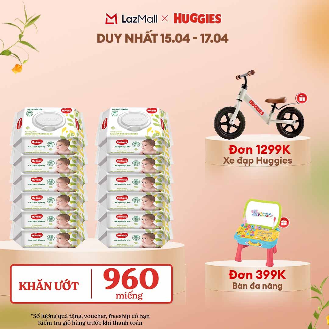 [CHỈ 13.05 GIẢM THÊM 90K] Thùng khăn giấy ướt 12 gói Huggies 80 miếng không mùi