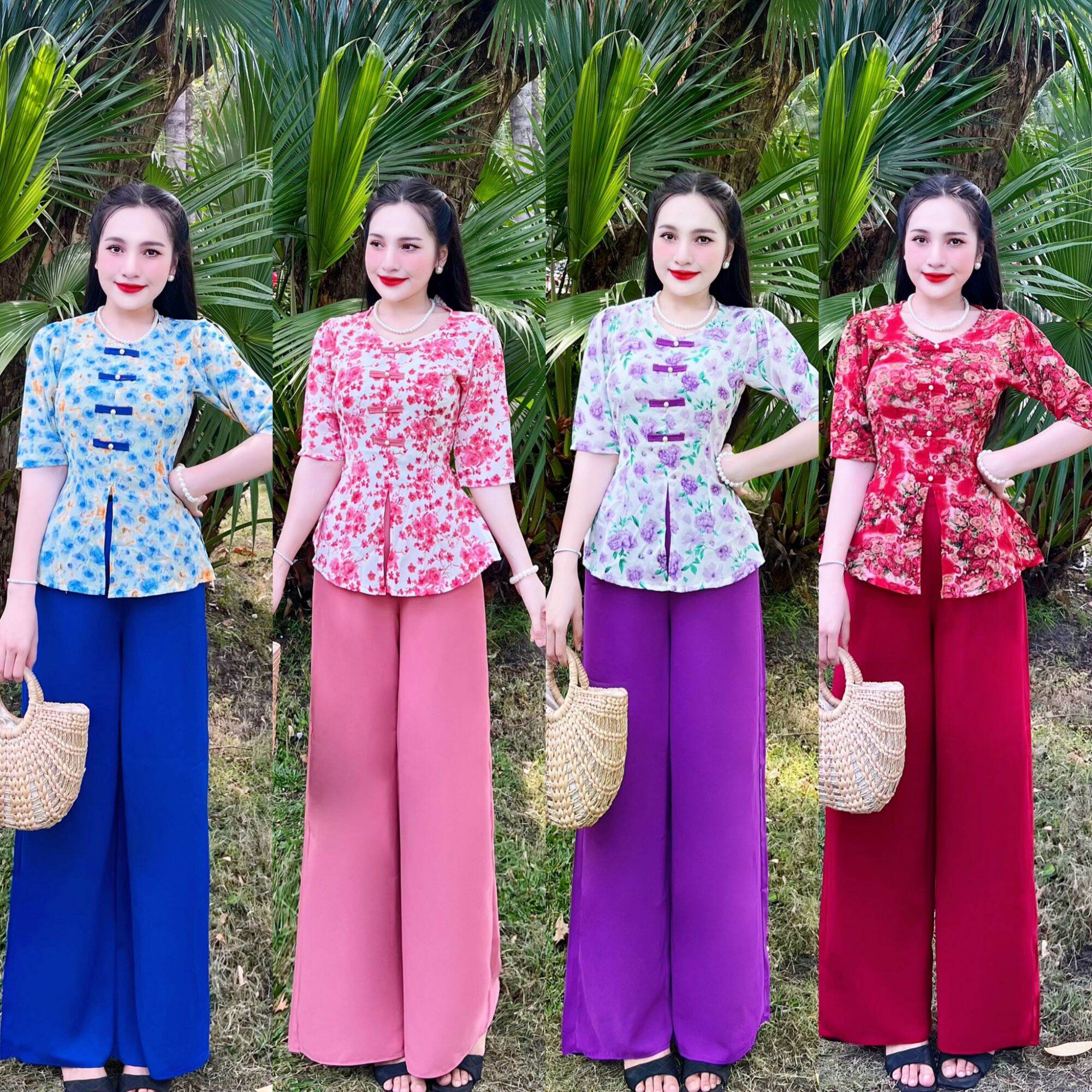 Bộ bà ba cổ tim tay lỡ nút vải