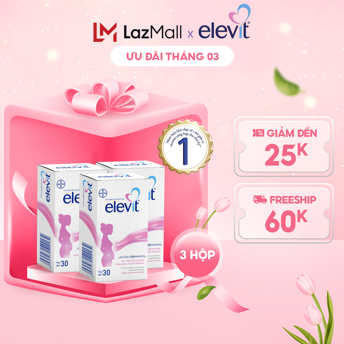 Bộ 3 Hộp Vitamin Bầu Tổng Hợp Elevit Cho Phụ Nữ Trước Trong và Sau Thai Kỳ (30 Viên/ Hộp)