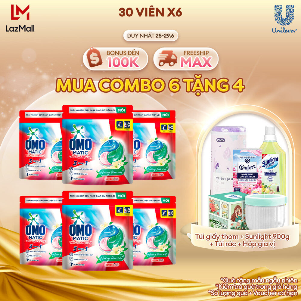 Combo 6 túi viên giặt tiện lợi OMO 3 trong 1 Hương tươi mát (30 viên/túi)