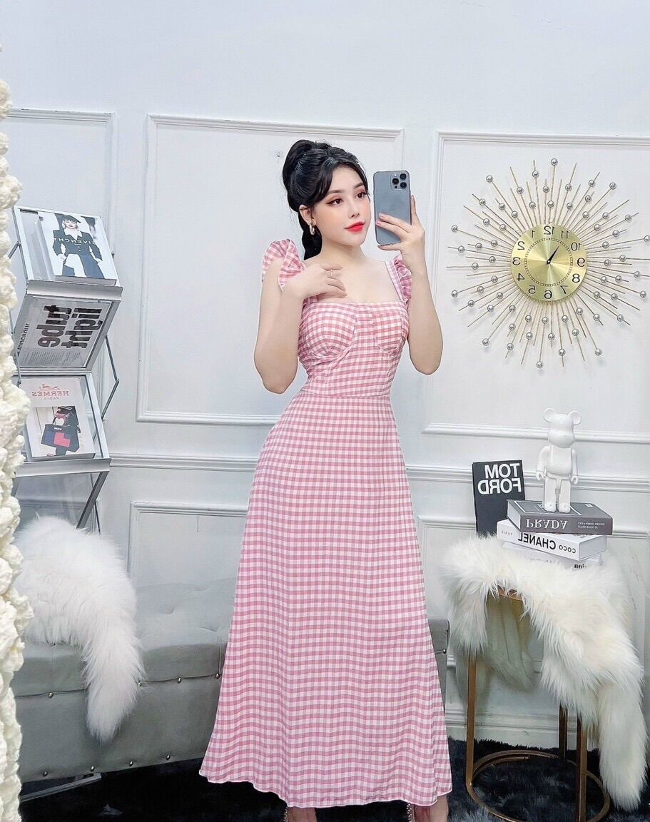 Đầm maxi caro cánh tiên có mút.