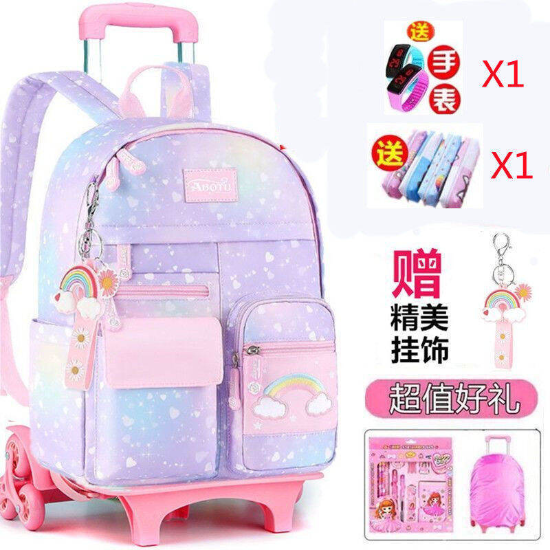 Cặp sách tay kéo học sinh tiểu học cặp sách nữ sinh lớp 1-3-6 nữ cặp sách công chúa phong cách hàn quốc có thể tháo rời leo cầu thang cho nữ