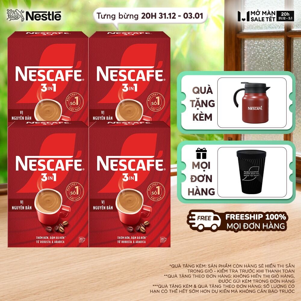 FREESHIP TOÀN QUỐC Combo 4 hộp NESCAFÉ 3in1 VỊ NGUYÊN BẢN 16g x 20 gói