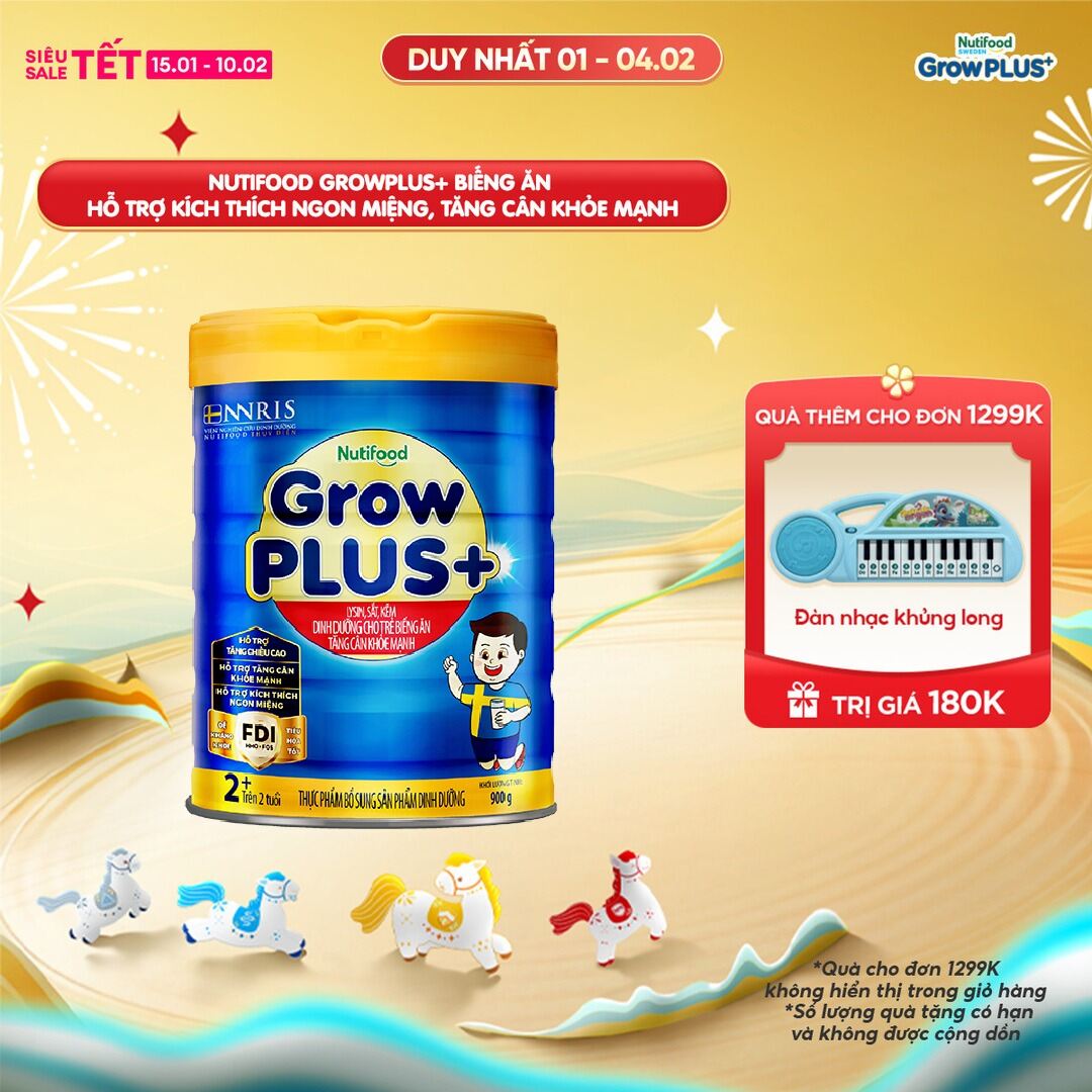 Sữa Bột Nutifood GrowPLUS+ Biếng Ăn (Xanh) 2+ - Hỗ trợ kích thích ngon miệng tăng cân khỏe mạnh (Lon