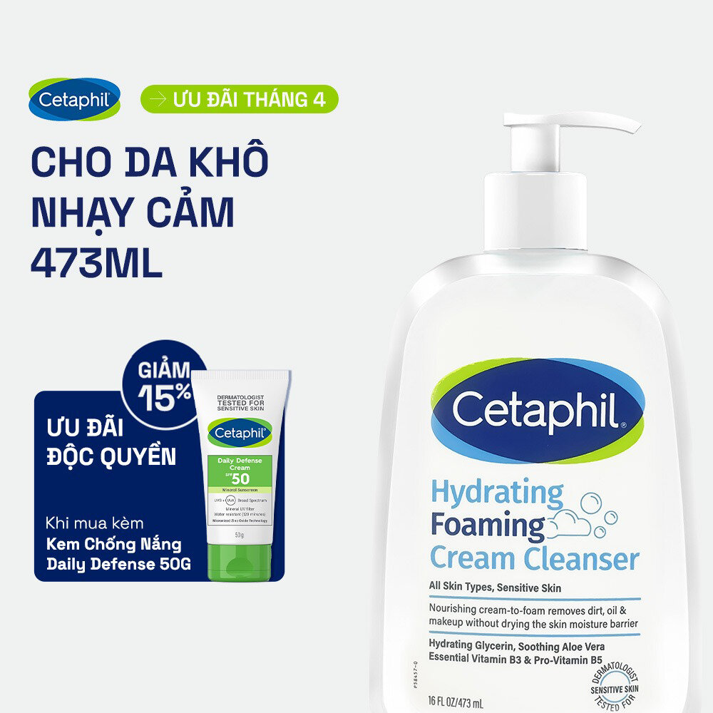 Sữa rửa mặt tạo bọt dịu lành cho da khô nhạy cảm Cetaphil Hydrating Foaming Cream Cleanser 473ml