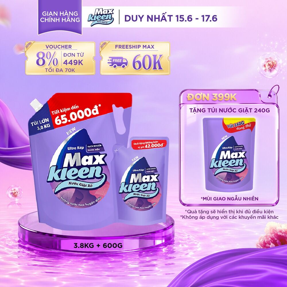 Combo Nước giặt xả MaxKleen Hương Nước Hoa Huyền Diệu: 1 Túi 3.8kg + 1 Túi 600g