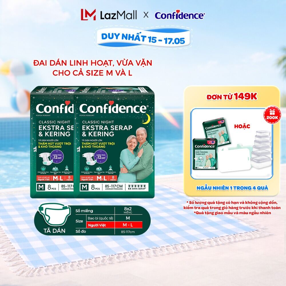 Combo 4 Tã dán ngưới lớn Confidence Thấm Hút Vượt Trội  Khô Thoáng M-L 8M/L-XL 7M