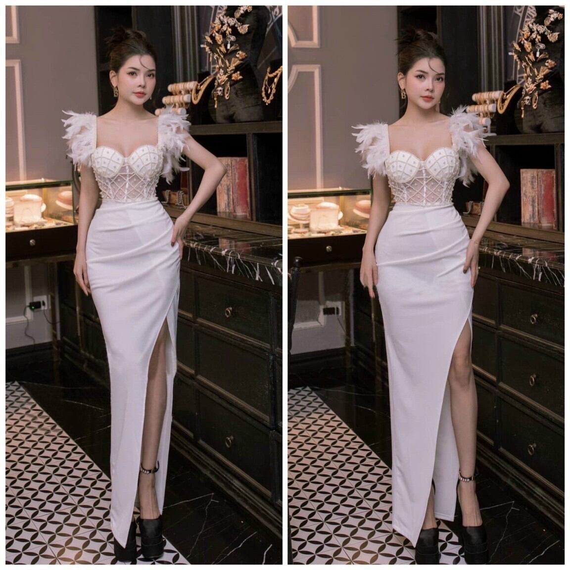 Đầm body lông tua rua kết ngọc trai