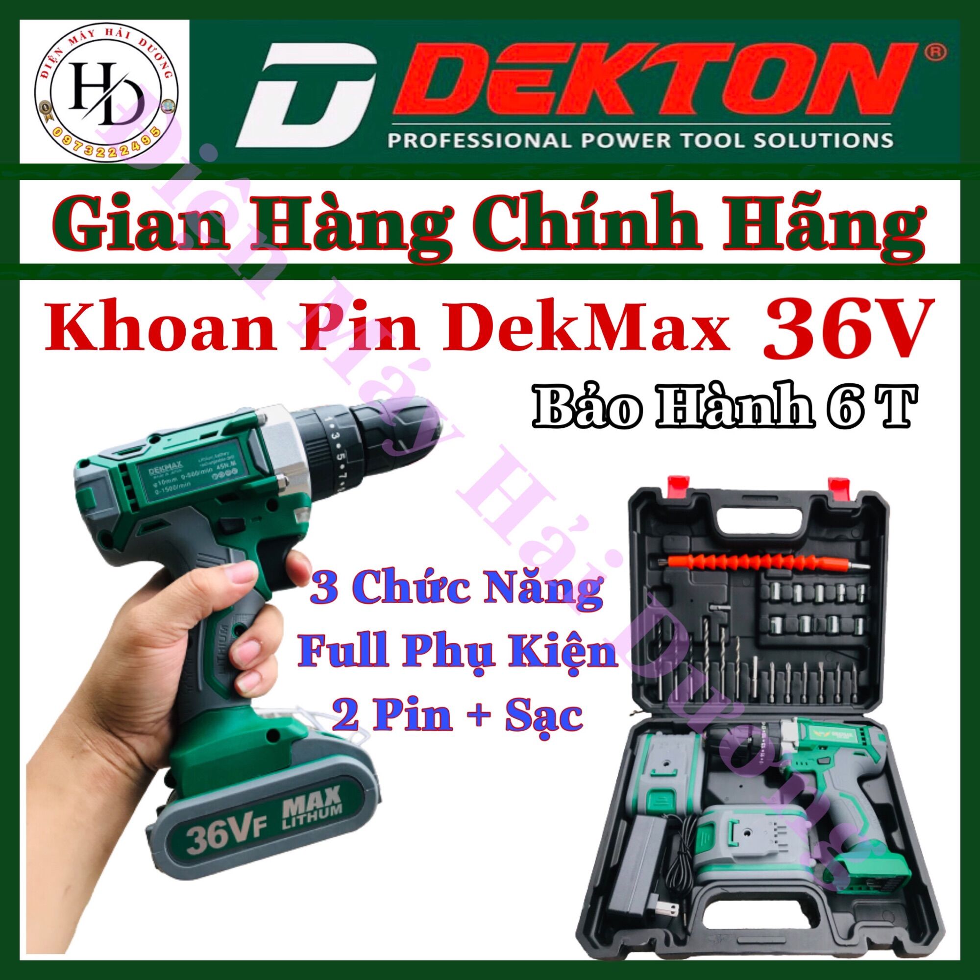 Máy khoan pin 3 chức năng dekmax 36vf.đầu 10mm.bảo hành 6 tháng