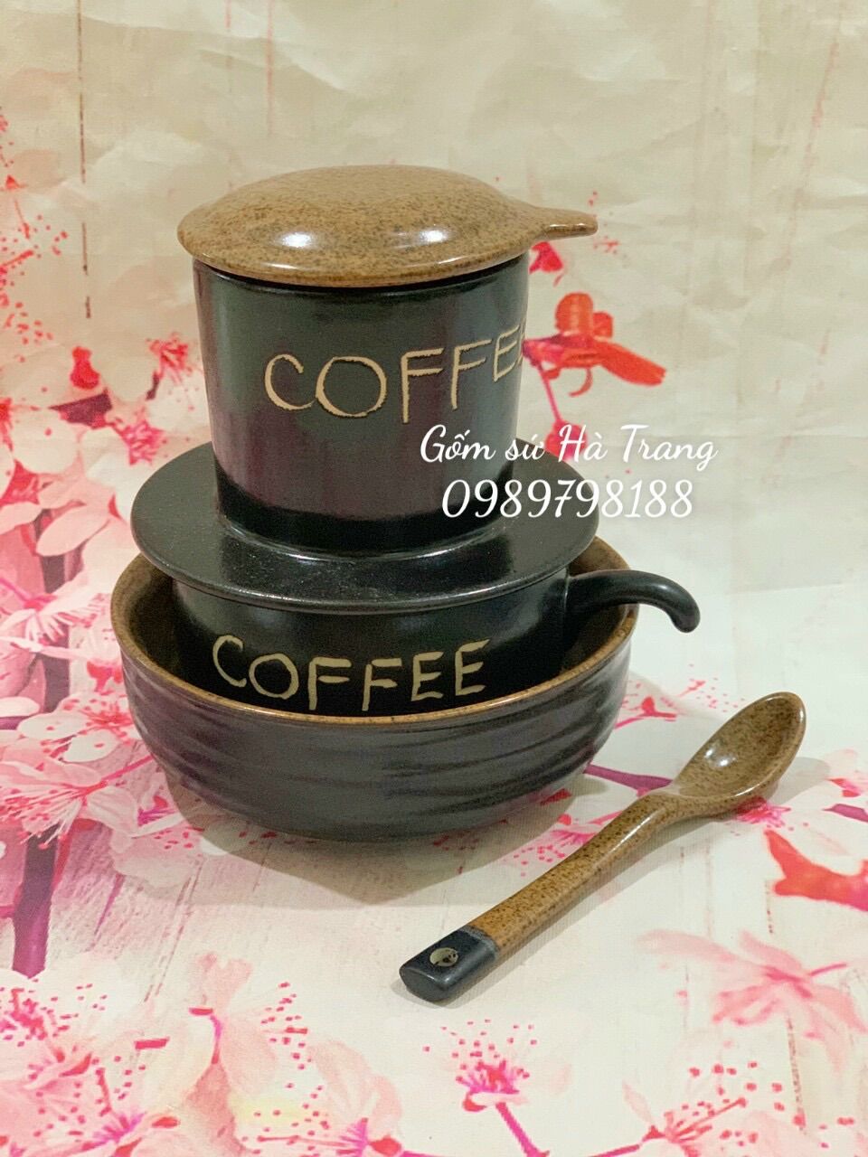 Phin pha cafe gốm sứ Bát Tràng cao cấp men đen lòng nâu gốm hạt tiêu có bát ngâm
