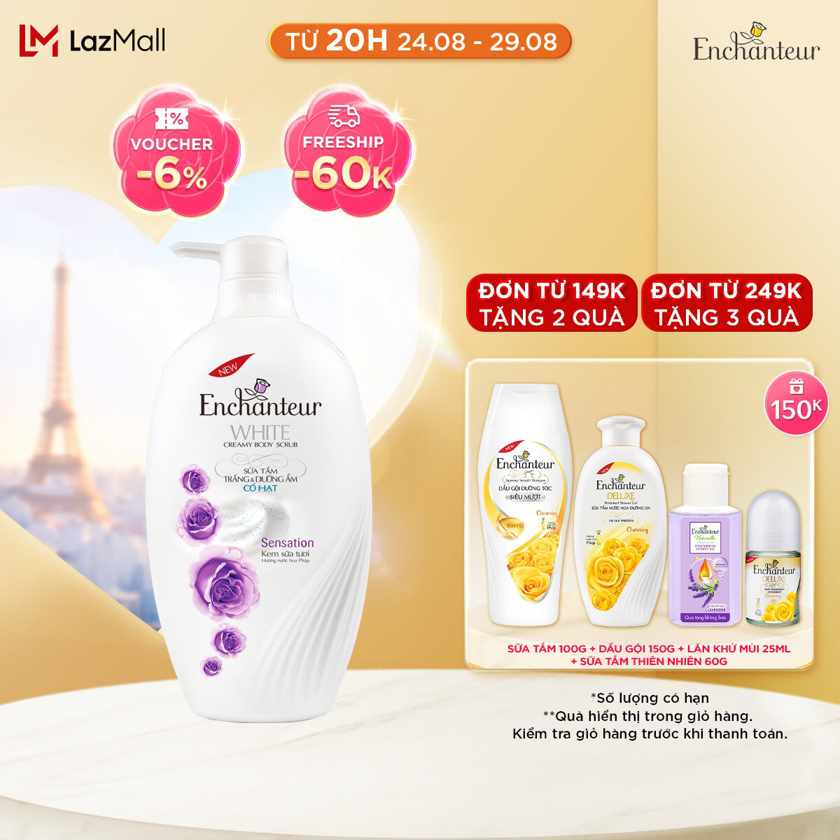Sữa tắm dưỡng ẩm có hạt Enchanteur Sensation white creamy body scrub 650gr