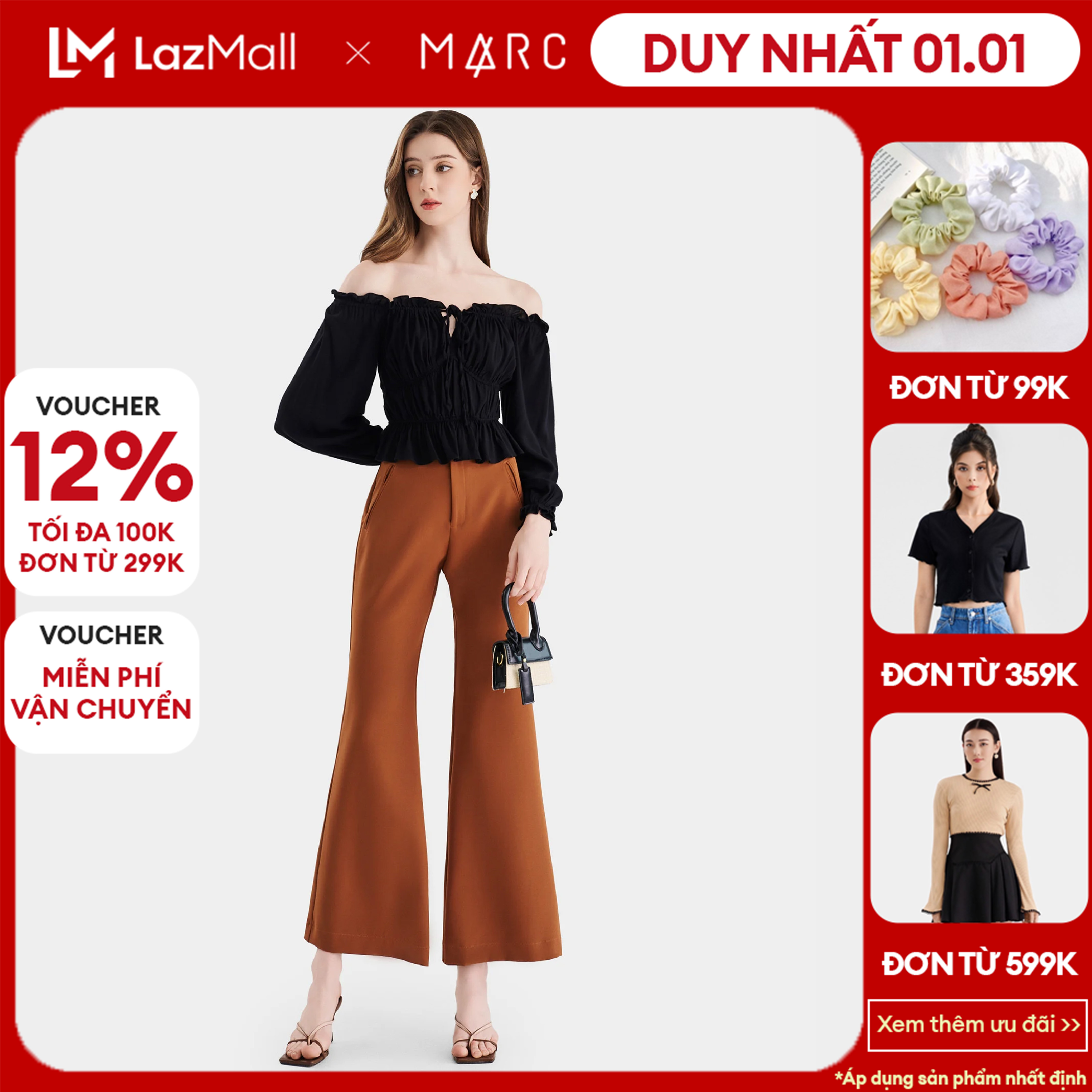 DUY NHẤT 01.01 VOUCHER 100K TẶNG ÁO ĐƠN 359K Quần ống loe túi mổ Nữ MARC FASHION chất liệu FAQH076723