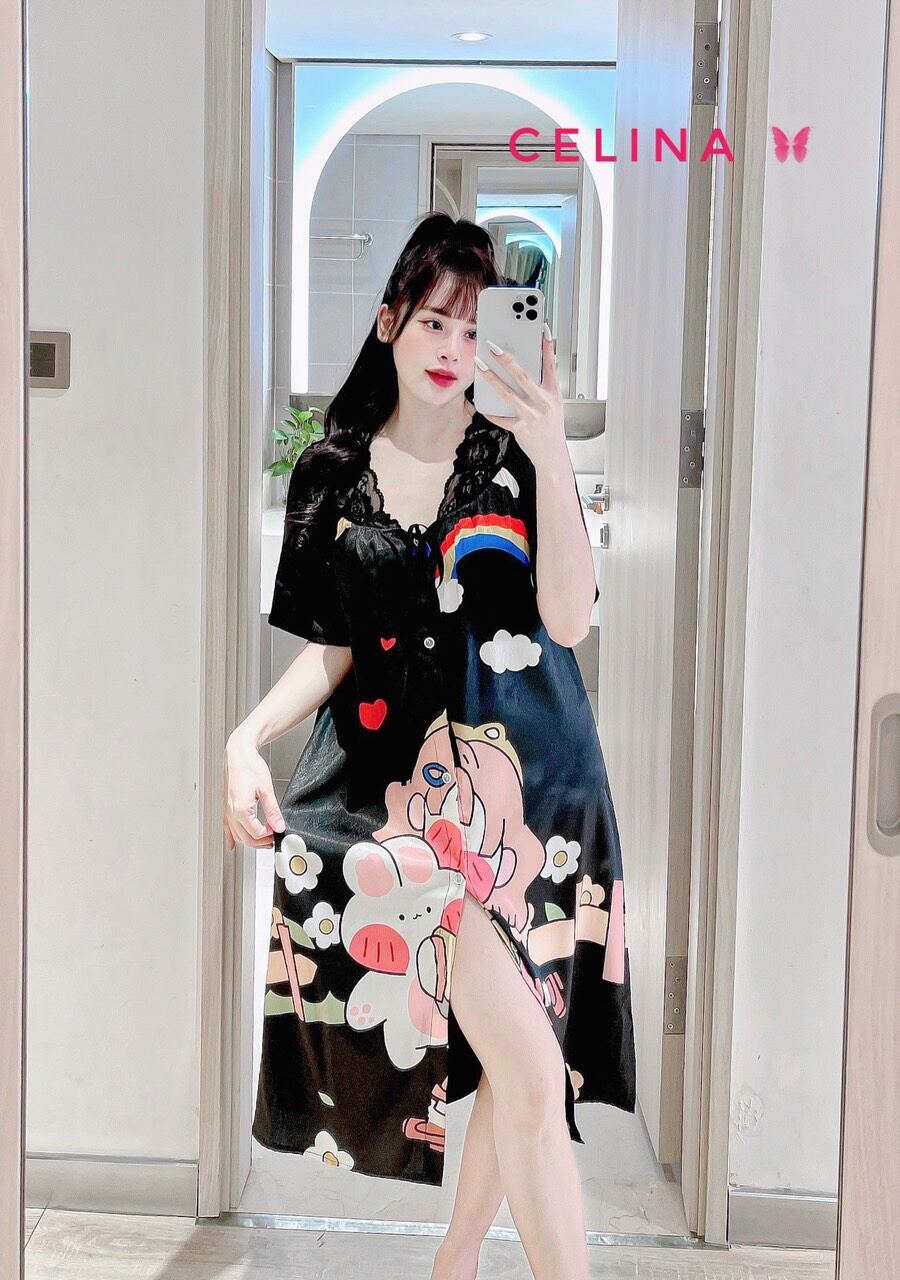 Đầm ngủ lụa xước phối ren hình cute. Freesize 45-60kg