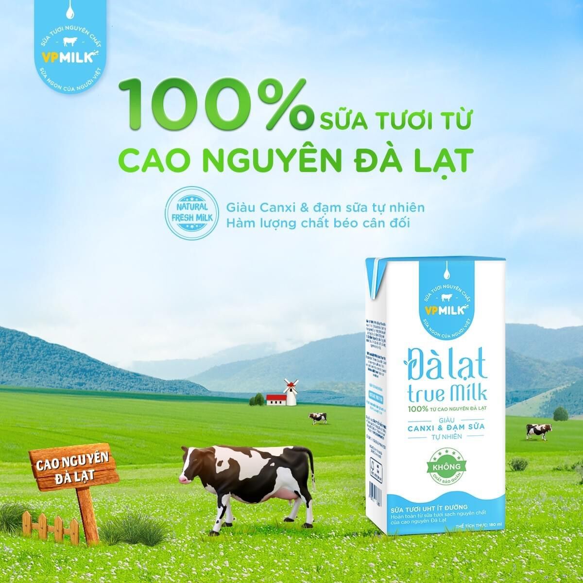 Sữa tiệt trùng đà lạt true milk ít đường 180ml