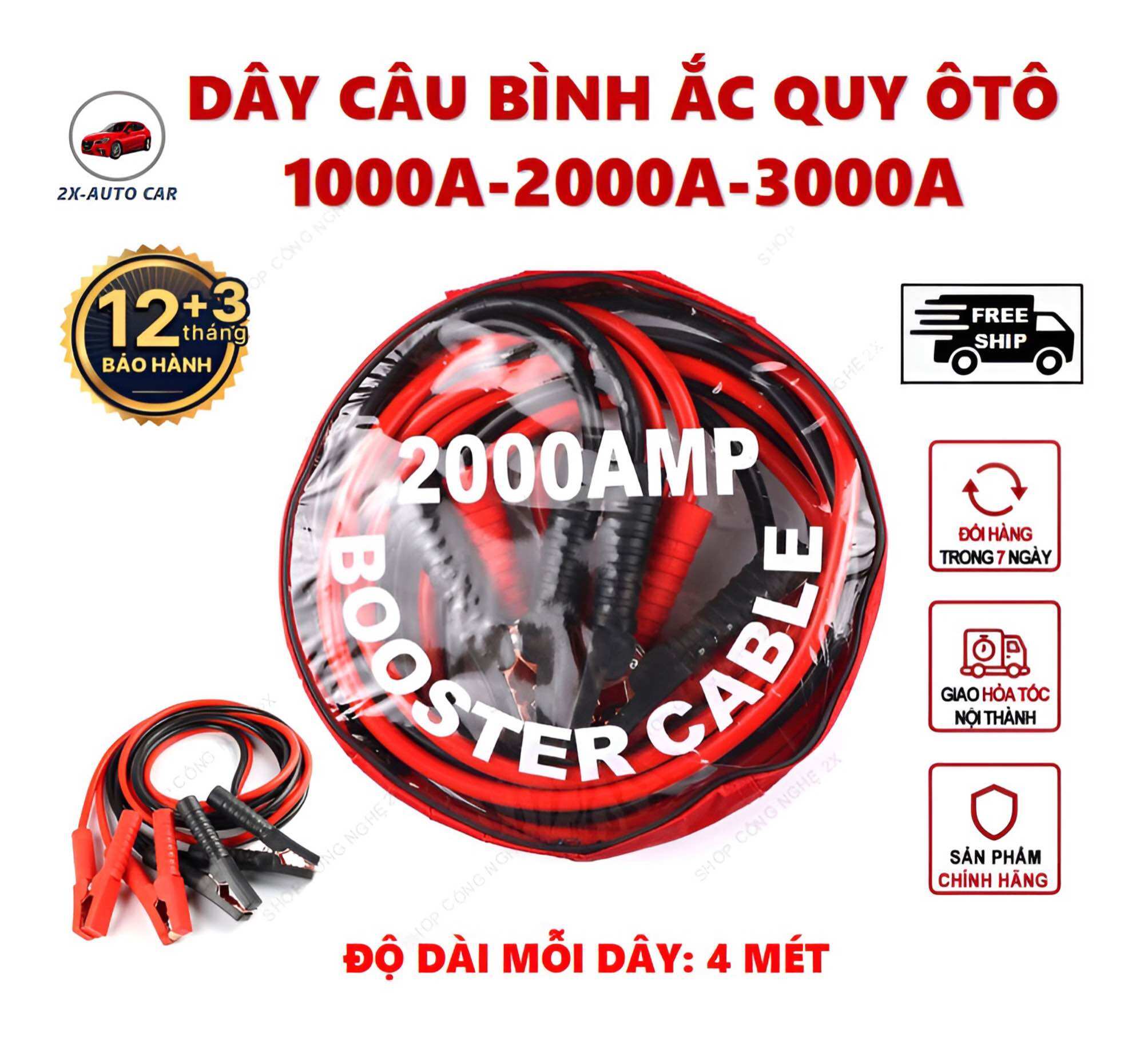 Dây câu bình acquy ôtô 2000A - 4 mét, câu sạc, kích khởi động ôtô , dây cứu hộ xe tải, xe hơi, xe máy, xe đạp điện
