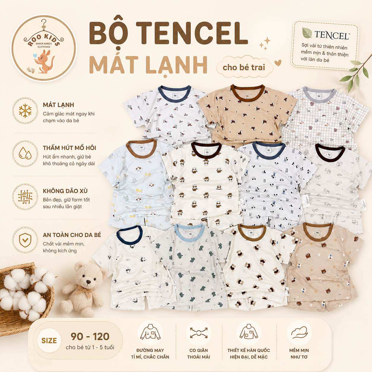 Bộ cộc tay tencel QC loại 1 các hãng lanyutu, angel lụa băng mát lạnh cho bé yêu (10-20kg)