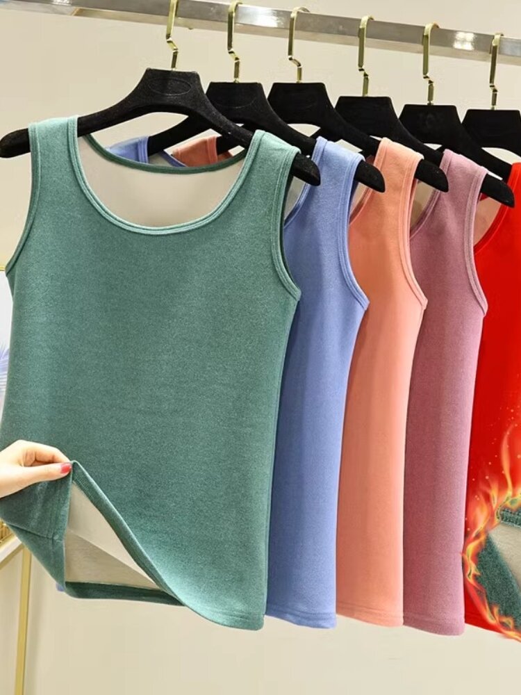 Áo Ba Lỗ Lót Lông Cừu Dày Ấm Áp Cho Nữ Áo Lót Cotton Mùa Đông Áo Khoác Ngoài Thường Ngày Một Mảnh Polyester Spandex