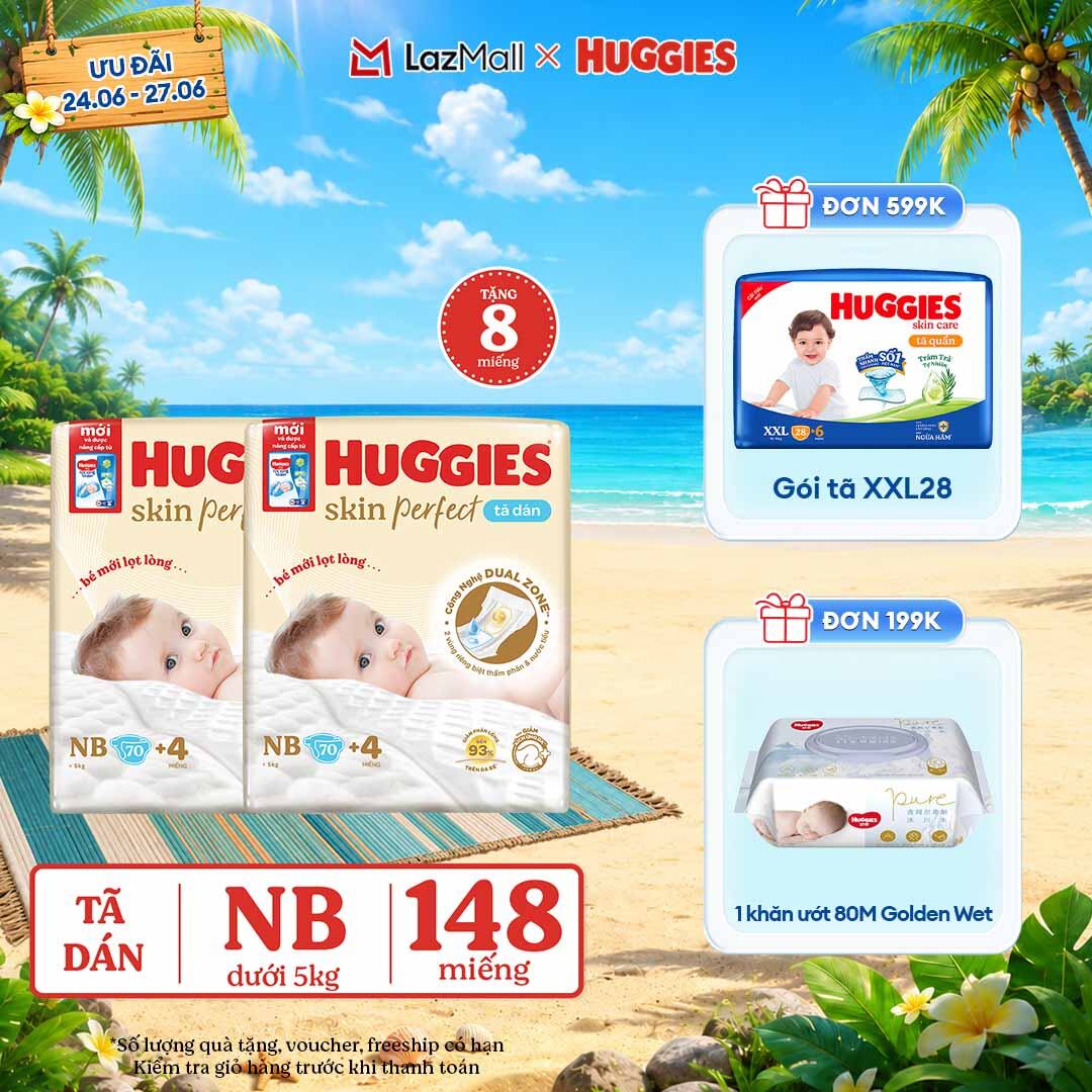 [Chỉ 25-29.06 QUÀ TẶNG ĐƠN 0Đ]  Combo 2 Tã/bỉm dán sơ sinh Huggies Skin Perfect NB70 với 2 vùng thấm giảm kích ứng da (tặng miếng thay đổi theo từng đợt)